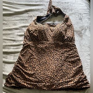 NWOT Lands’ End Tan And Black Leopard Print Halter Style Swim Top Size 18
